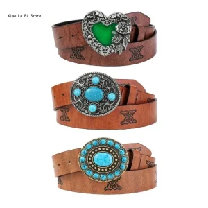 Girl Embossed Waist Belt Western PU Belt for Dress Jeans Adjustable Length XXFD