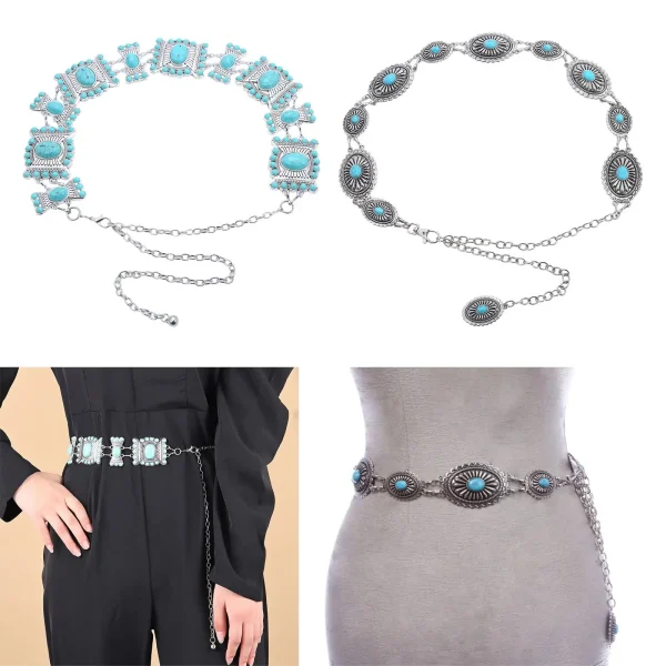 Beach Carved Flower Tribal Tassel Waist Chain Beads Natural Turquoise Chain - Image 3