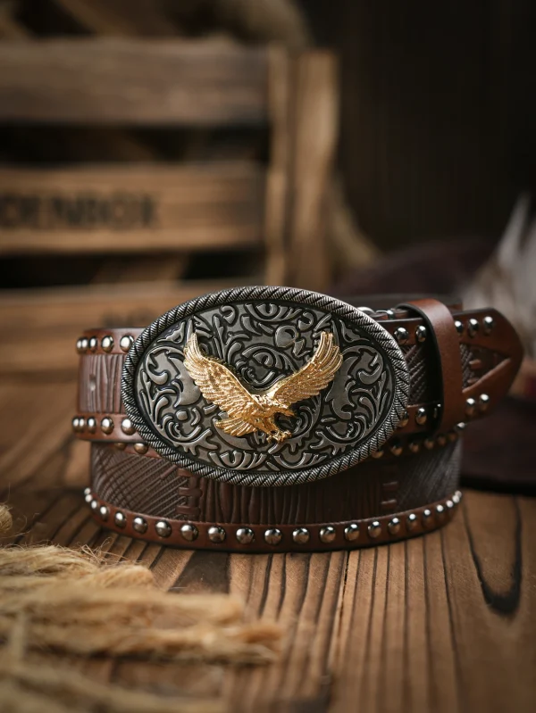 Western Cowboy PU Leather Belt - Men Waist Strap Bull Decoration Floral Engraved for Jeans - Image 7