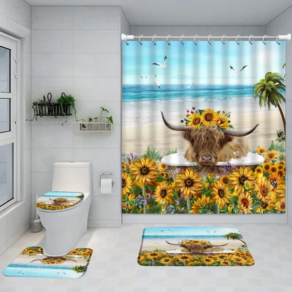 Funny Highland Cow Shower Curtain Set Western Bull Portrait Brown Wooden Panel Non-Slip Carpet Toilet Cover Bathroom Decorative - Image 8