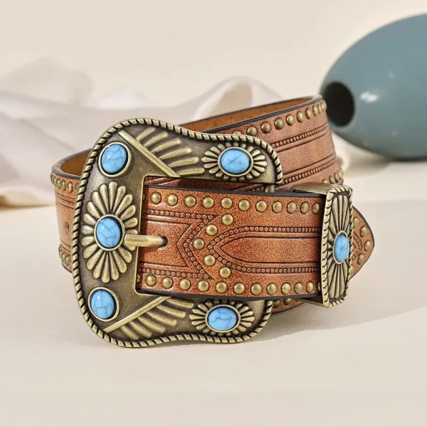 Retro Western Belts for Women Vintage Floral Engraved Leather Belt for Jeans Pant, Fashion PU Leather Bohemian Cowboy Belts - Image 2