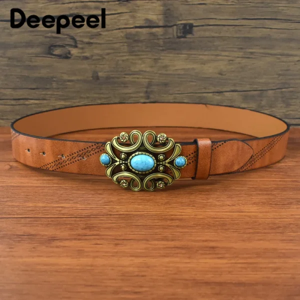 1Pc Deepeel 3.8*115cm Fashion Women's Vintage Leather Belt Luxury Stone Buckles Embossed Waistband for Jeans Female Waist Corset - Image 6