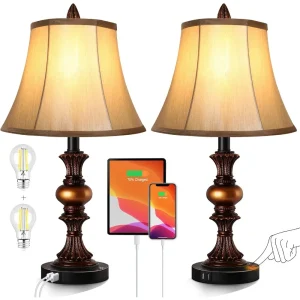 Touch Control Traditional Table Lamp Set of 2, Vintage Bedside Lamps with Dual USB Charging Ports, 3-Way Dimmable Finish