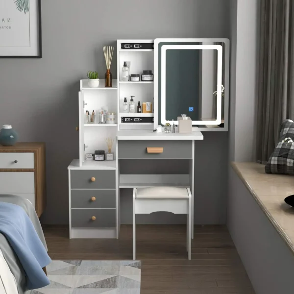 Vanity Set Makeup Vanity Dressing Table with Sliding Lighted Mirror, 5 Drawers, Dresser Desk and Cushioned Stool Set (White A) - Image 12