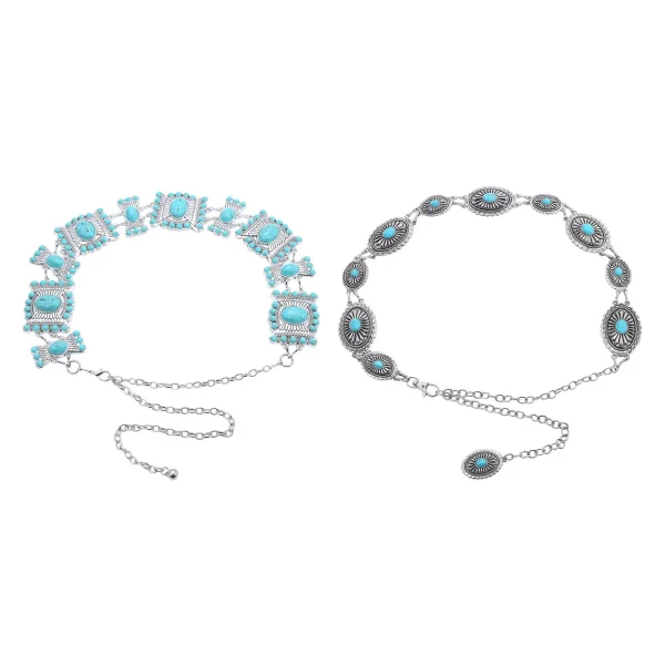 Beach Carved Flower Tribal Tassel Waist Chain Beads Natural Turquoise Chain