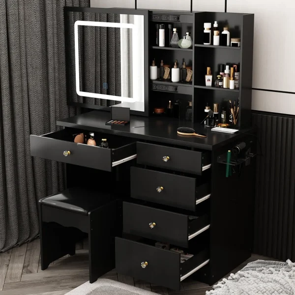 Vanity Set Makeup Vanity Dressing Table with Sliding Lighted Mirror, 5 Drawers, Dresser Desk and Cushioned Stool Set (White A) - Image 9