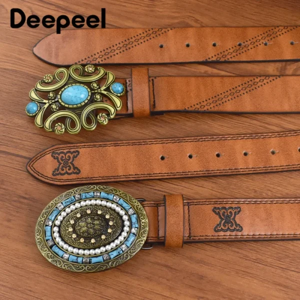 1Pc Deepeel 3.8*115cm Fashion Women's Vintage Leather Belt Luxury Stone Buckles Embossed Waistband for Jeans Female Waist Corset - Image 4