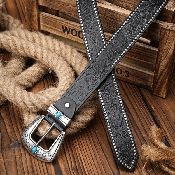 Men Women-Western-Cowboy-PU Leather-Belts - Vintage Belt Floral Engraved Buckle Belt for Jeans - Image 5