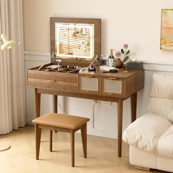 Vanity Desk with LED Lighted Mirror, Desktop Openable Dresser,Makeup Table with Drawers & Cabinet,Storage Stool,for Bedroom - Image 2