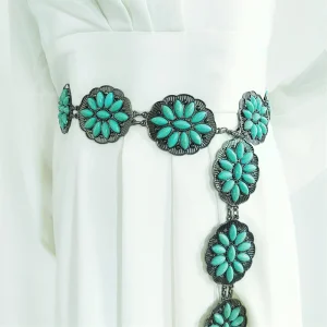 Natural turquoise metal carved retro belt Stylish Bohemian folk chic hip hop accessories women's party dress waist chain