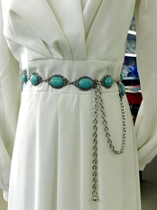Bohemia Western Oval Concho Big Turquoise Stone Chain Belt Silvertone Metal WaistChain Retro Boho Cowgirl Outfit Accessor Cowboy - Image 2