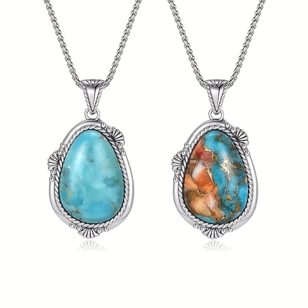 Turquoise Necklace for Women 925 Sterling Silver Teal/Spiny Turquoise Pendant Necklaces with Rope Edge And Stainless Steel Box Chain Valentine Day Gifts for Wife - Image 2