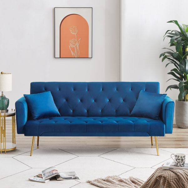 Elegant 71.65'' Foldable Velvet Sofa Bed with Metal Leg Straps, 2 Square Pillows, Line Design, Space-Saving, 5 Colors to Choose from, 1pc - Image 7