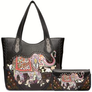 Western Style Elephant Rhinestone Studded Concealed Carry Purse Handbag Women Shoulder Bag Wallet Set