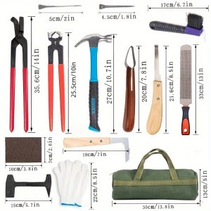 62 sets, horseshoe trimming kit, hand-held kit, horseshoe care kit, claw hammer, gloves, scissors, brush and other tools