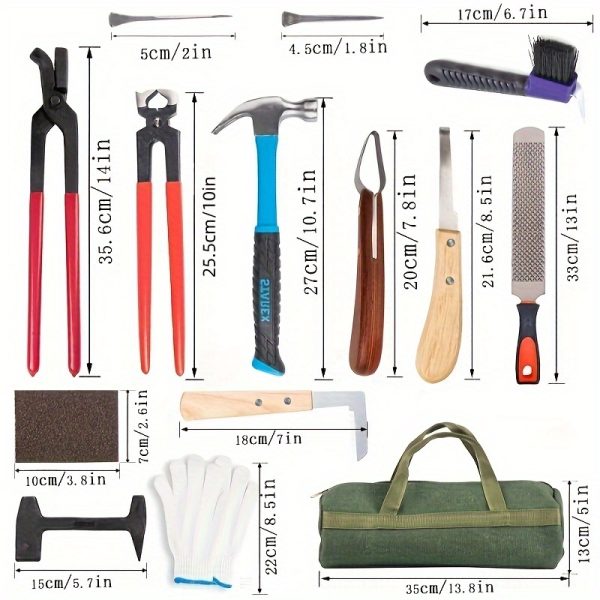 62 sets, horseshoe trimming kit, hand-held kit, horseshoe care kit, claw hammer, gloves, scissors, brush and other tools