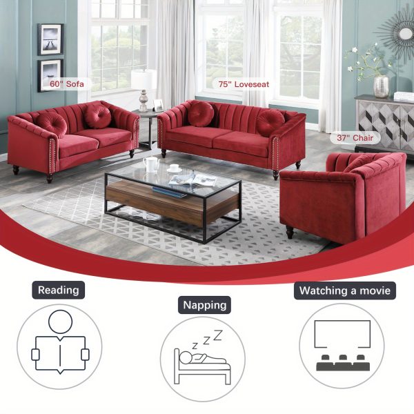[The Yard]Chesterfield Sofa Set, Luxurious Flannel Upholstered Couch Set With Rolled Arms And Rivet Trim, 3-Piece Living Room Furniture Set Including Sofa, Loveseat, And Armchair, Button Tufted Cushions, Modern Classic Style Sofa For Home Or Office - Image 14
