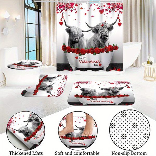 Valentine'S Day Highland Cow Bathroom Set with Hooks, Water-Resistant Polyester Decor, Non-Slip Mats, Toilet Cover, Ultra-Soft Towels, Hand Washcloths, Fashion Animal Love Theme Bath Accessories - 1pc/2pcs/4pcs/6pcs - Image 12