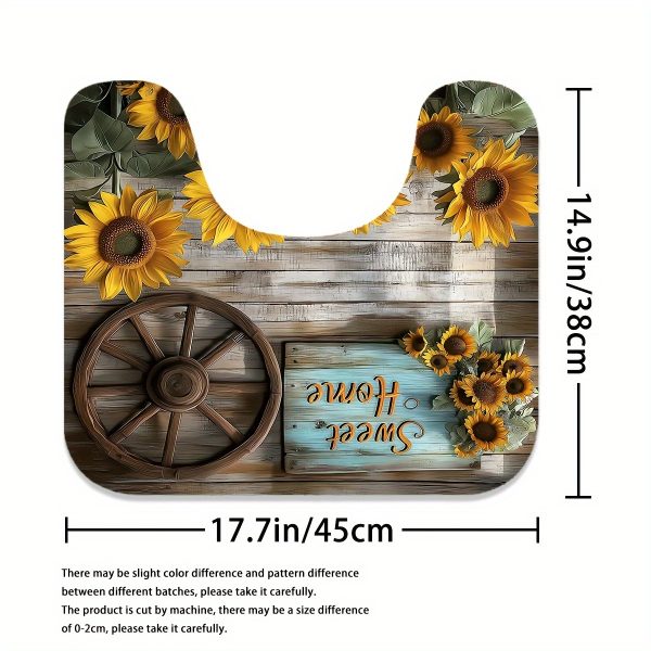 1/4pcs Country Sunflower Pattern Shower Curtain Set, Farmhouse Wagon Wheel And Sunflower with Wood Wall Background Brown Shower Curtain for Christmas Bathroom Shower Decoration with 12 Hooks Non-Slip Bath Mat U Shape Toilet Seat Cover Mat - Image 10