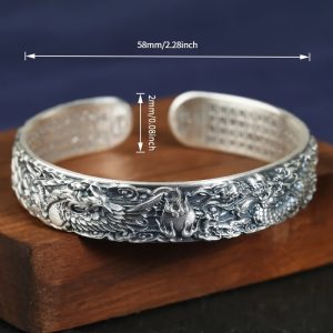 1pc Vintage 925 Sterling Silvery Dragon and Phoenix Cuff Bracelet, Adjustable Open Bangle with Chinese Character Engraving, Silvery Plated Jewelry for Men and Women