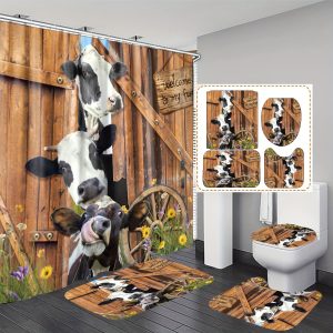 Country Farm Cow Print Bathroom Set with Polyester Knit Water-Resistant Bath Drapery, Machine Washable, Includes Grommet Accessories for All-Season Use - 4 Piece Set