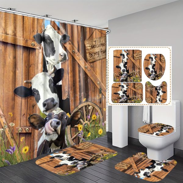 Country Farm Cow Print Bathroom Set with Polyester Knit Water-Resistant Bath Drapery, Machine Washable, Includes Grommet Accessories for All-Season Use - 4 Piece Set
