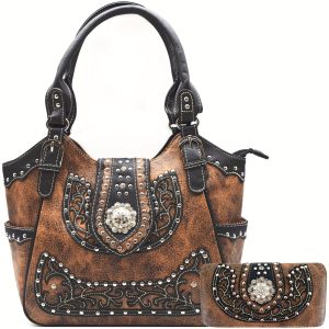 Western fashion versatile multifunctional Style Rhinestone Studs Floral Berry Concho Studded Purse Country Cowgirl Handbag Women Shoulder Bag Wallet Set Brown