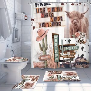 1/4 PPcs - Boho Western Shower Curtain Set, Country Farmhouse Fun Longhorn Bull Farm Cactus Animals 12 Hooks Waterproof Shower Curtain, Non-slip Bathroom Floor Mat, Toilet U-Shaped Mat, Cover Mat, Home Decor Gift