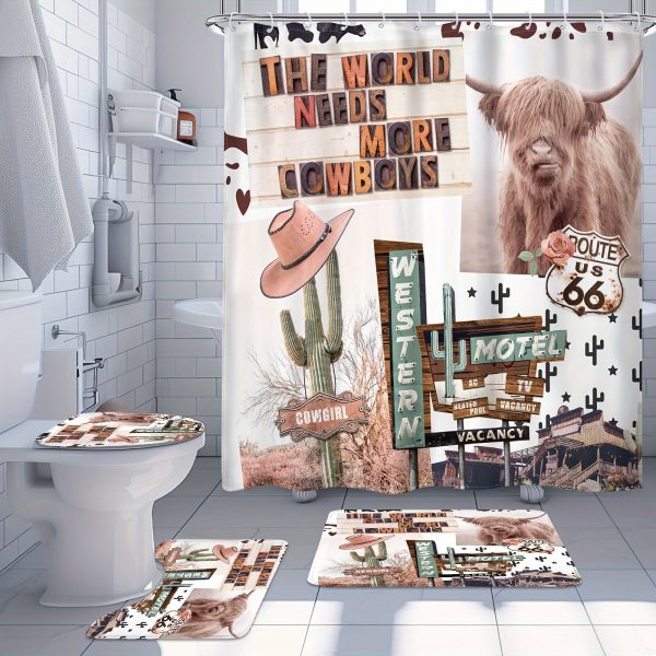 1/4 PPcs - Boho Western Shower Curtain Set, Country Farmhouse Fun Longhorn Bull Farm Cactus Animals 12 Hooks Waterproof Shower Curtain, Non-slip Bathroom Floor Mat, Toilet U-Shaped Mat, Cover Mat, Home Decor Gift