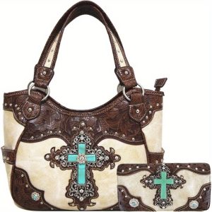 1pc Western Style Faux Leather Handbag with Rhinestone Cross and Conchos, Studded Shoulder Bag with Trifold Wallet Set, Zipper Closure, Polyester Lined
