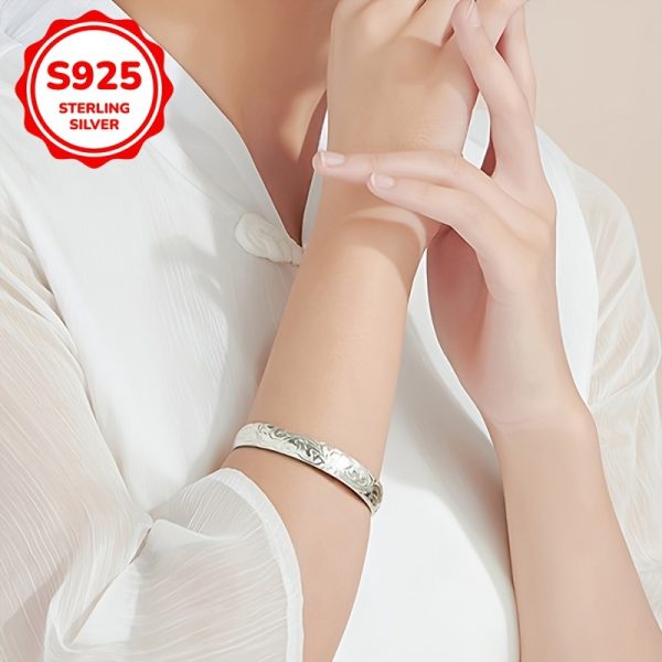 925 Pure Silvery Fashion Retro Floral Pattern Open Bracelet - Image 7