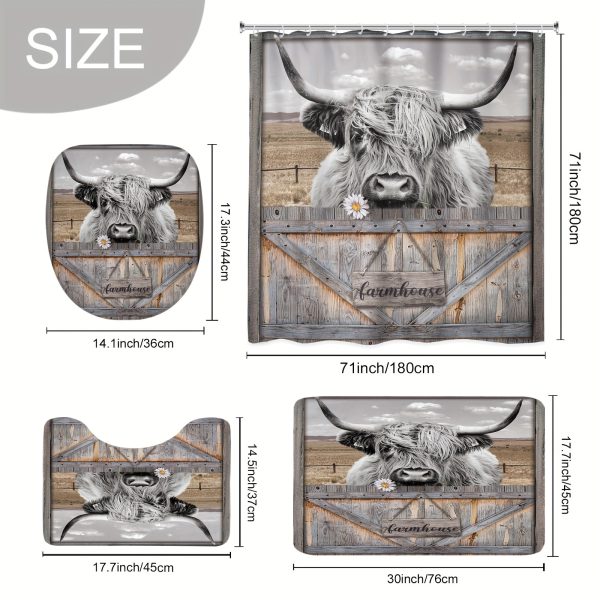 1pc/4pcs - Mountain Cow Shower Curtain Set, Including Waterproof Shower Curtain With 12 Plastic Hooks, Bathroom Anti-slip Floor Mat, Toilet U-Shaped Mat, Cover Mat, Country Farmhouse Wood Plank Animal Modern Bedroom Modern Cool Home Bathroom Decor - Image 6