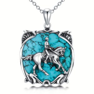 Turquois Horse Necklace For Women 925 Sterling Silver Genuine Turquoise Gemstone Horse And Women Pendant Horse Jewelry Gift Birthday Mother's Day
