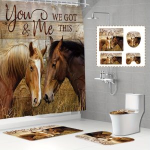 1pc/4pcs Horse Shower Curtain Set, Horse Facing Off Wood Backdrop Side with Inspirational Quotes Western Wild Animals Horse Print Pattern Shower Curtain, Non Slip Bath Mat Toilet Floor Mat, Farm Animal, 12 Plastic Hooks, 71x71in