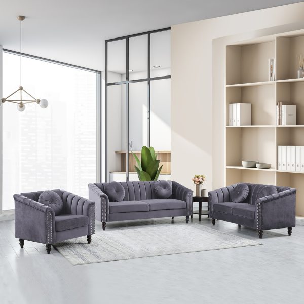 [The Yard]Chesterfield Sofa Set, Luxurious Flannel Upholstered Couch Set With Rolled Arms And Rivet Trim, 3-Piece Living Room Furniture Set Including Sofa, Loveseat, And Armchair, Button Tufted Cushions, Modern Classic Style Sofa For Home Or Office - Image 4
