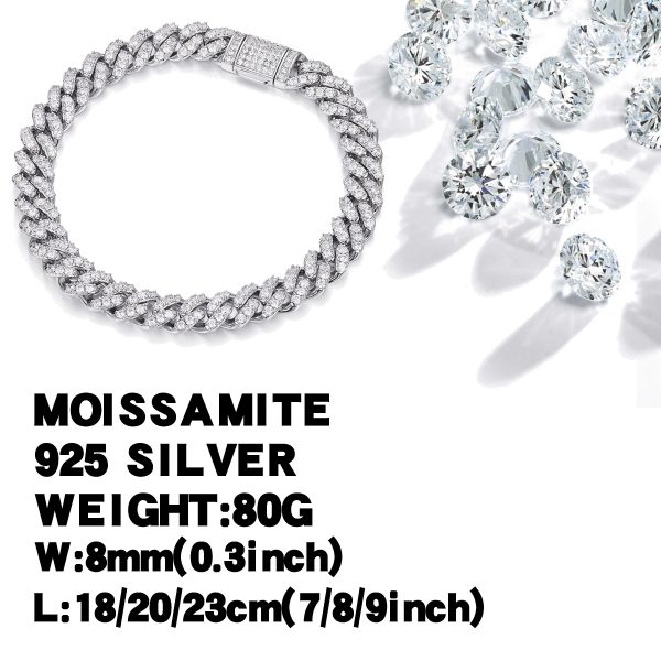 1pc S925 Sterling Silver with 9.7 Carat Moissanite Hip Hop Cuban Bracelet, Men's And Women's Street Bracelet, Moissanite Gemstone Jewelry, High-end Dating Social Premium Properties, | Birthday | Wedding | Anniversary | Appointment - Image 2