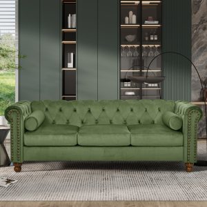 Classic Green Velvet Chesterfield Sofa with Scroll Arms, Nailhead Trim & Solid Wood Legs - Comfortable Button Tufted Settee for Living Room, Bedroom, Office, or Apartment