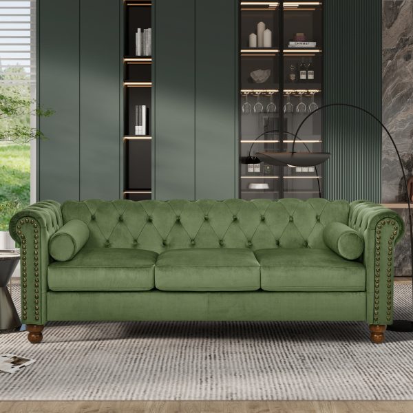 Classic Green Velvet Chesterfield Sofa with Scroll Arms, Nailhead Trim & Solid Wood Legs - Comfortable Button Tufted Settee for Living Room, Bedroom, Office, or Apartment