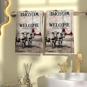 2pcs Rustic Farmhouse Cows Towel Set, 18x26 inches, Super Soft Polyester, Quick-Dry, Absorbent, Machine Washable, Contemporary Woven Decorative Towels for Kitchen, Bathroom, Gym, Country Style