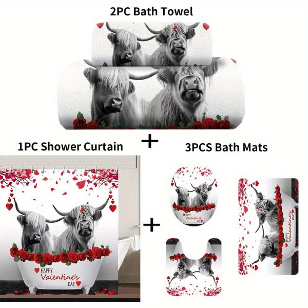 Valentine'S Day Highland Cow Bathroom Set with Hooks, Water-Resistant Polyester Decor, Non-Slip Mats, Toilet Cover, Ultra-Soft Towels, Hand Washcloths, Fashion Animal Love Theme Bath Accessories - 1pc/2pcs/4pcs/6pcs - Image 10