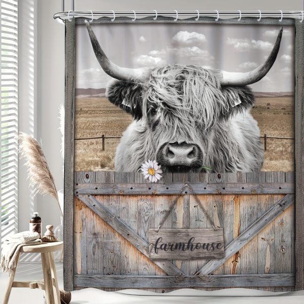1pc/4pcs - Mountain Cow Shower Curtain Set, Including Waterproof Shower Curtain With 12 Plastic Hooks, Bathroom Anti-slip Floor Mat, Toilet U-Shaped Mat, Cover Mat, Country Farmhouse Wood Plank Animal Modern Bedroom Modern Cool Home Bathroom Decor - Image 2