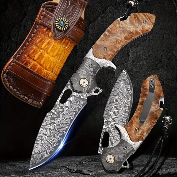 1PC Handmade Damascus Steel Folding Pocket Knife Men's Pocket Knife With Holster High Hardness EDC Outdoor Carry Knife Camping Sharp Folding Knife