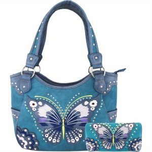 Western Spring Embroidered Butterfly Floral Faux Leather Shoulder Bag and Wallet Set, Country Style Handbag with Zip Closure for Women, Butterfly Floral, Country Handbag, Zip Closure, Women's Shoulder Bag