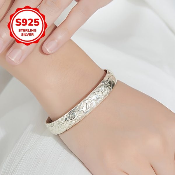 925 Pure Silvery Fashion Retro Floral Pattern Open Bracelet - Image 2
