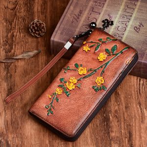 1pc Planted Tanned Leather, Top Layer Cowhide, Genuine Leather, Women's Wallet, Mobile Phone Bag, Hand-held Bag, Embossed, Handmade, Hand-painted, Retro Style, Lightweight, Practical For Travel, Inner Compartment Made Of Top Layer Cowhide