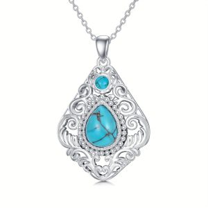 925 Sterling Silver Necklace With Natural Turquoise Gemstone Bohemian Western Pendant Jewelry For Ladies Gift
