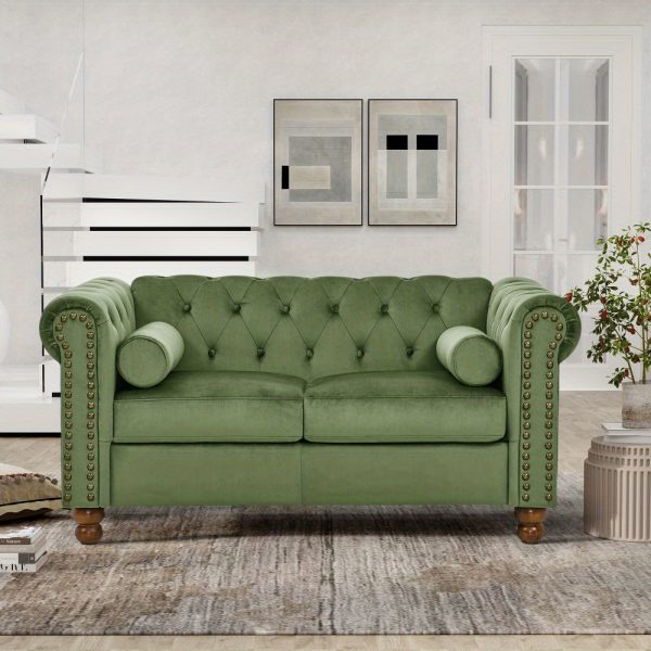 Classic Green Velvet Chesterfield Sofa with Scroll Arms, Nailhead Trim & Solid Wood Legs - Comfortable Button Tufted Settee for Living Room, Bedroom, Office, or Apartment - Image 6