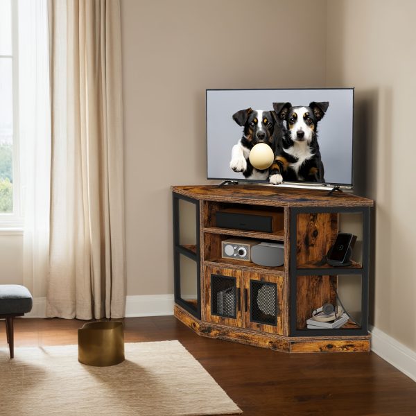 Xelsyo Farmhouse Corner TV Stand For TVs Up To 55 Inch With Power Outlet, Wood Entertainment Center, TV Media Console With Storage, Walnut - Image 4
