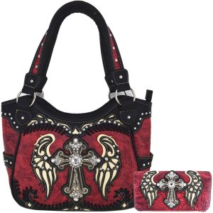 Western Style Rhinestone Cross Studded Laser Cut Wings Tooled Faux Leather Handbag Set with Shoulder Bag and Wallet, Red/Black, Vegan Faux Leather