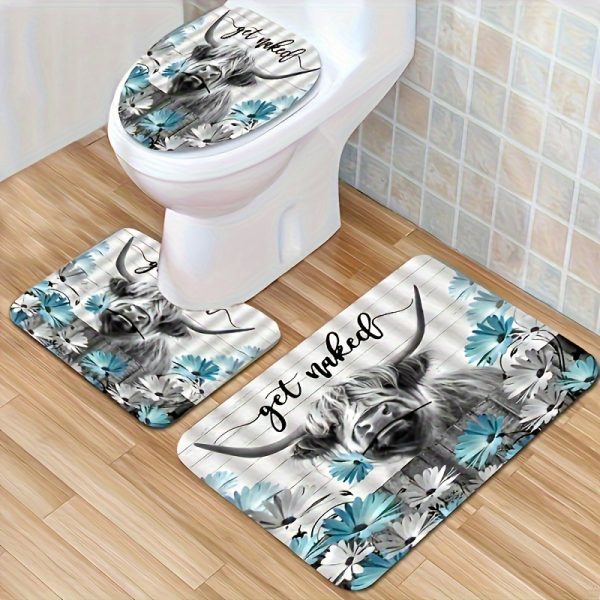 Highland Cow Shower Curtain Set with Hooks, Water-Resistant Polyester Cartoon Animal Farmhouse Bathroom Decor, Gray Daisy Country Rustic Wooden Fence Get Naked Quote, All-Season Knit Fabric Curtain with Cattle Theme, 4-Piece Bundle Including Hook and Mat - Image 2